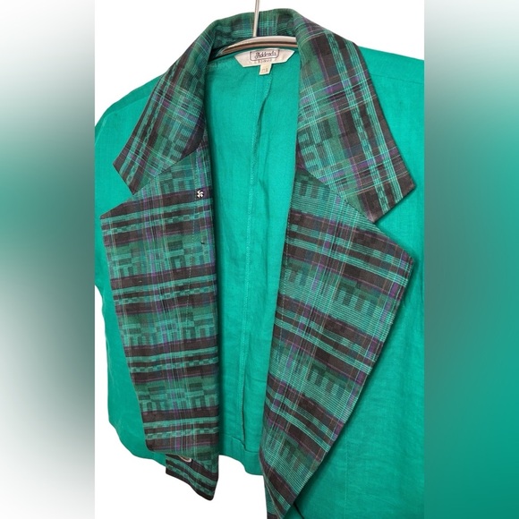 Y2K 90s ADDENDA Green Plaid Open Front Asymmetrical Crop Blazer Jacket, Small - Picture 4 of 10